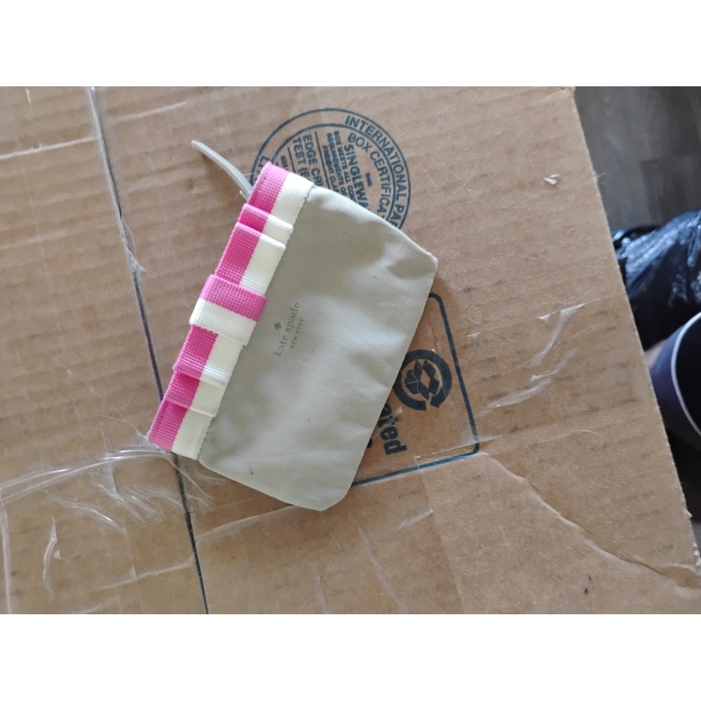 Kate Spade New York Tan Nylon Mini Pouch Pink White Stripe Trim Zip Coin Purse